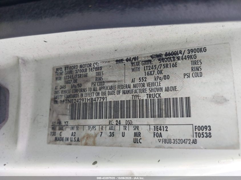 2001 Ford E-250 Commercial VIN: 1FTNE24291HB47791 Lot: 43397939