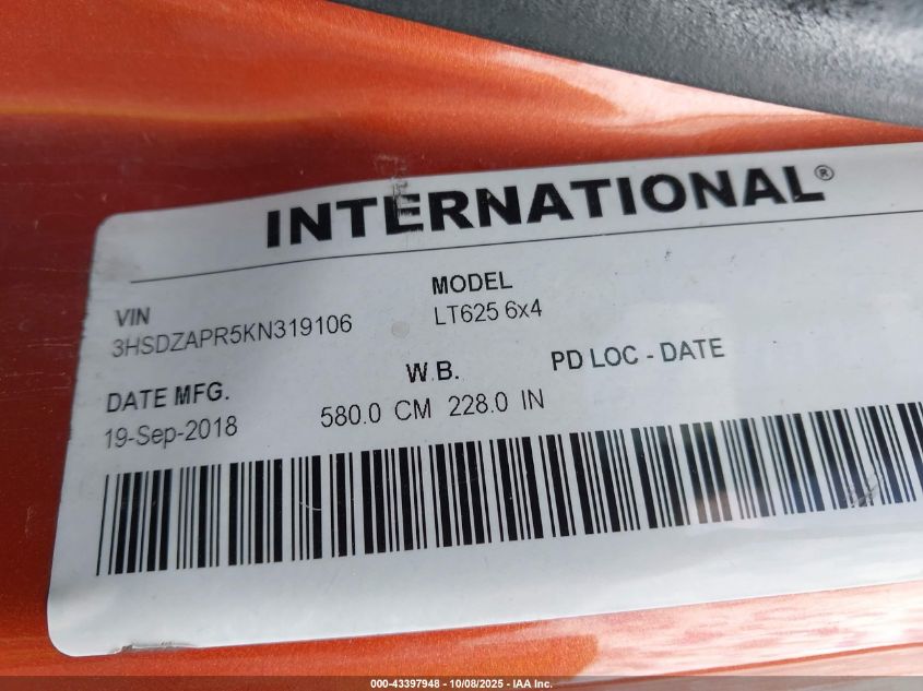 2019 International Lt VIN: 3HSDZAPR5KN319106 Lot: 43397948