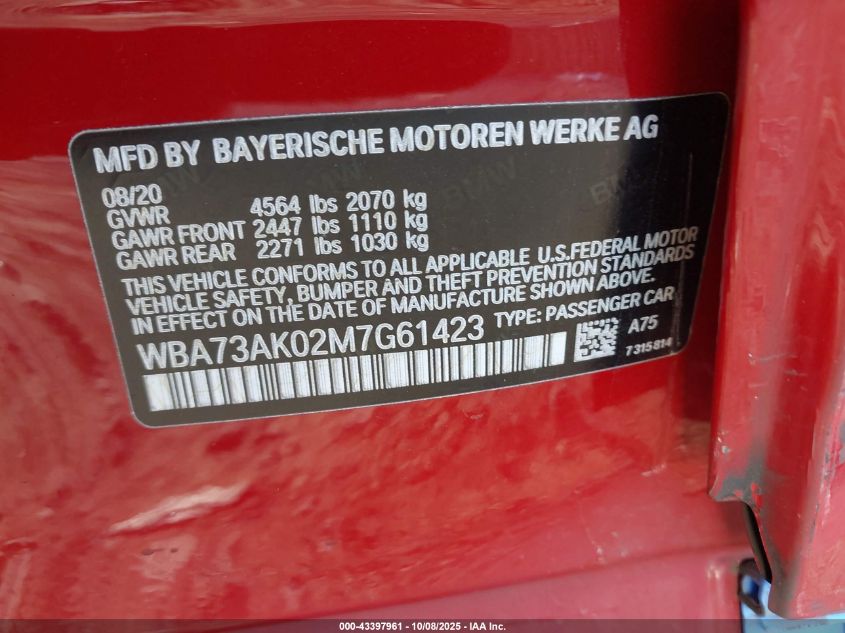 2021 BMW 228I Gran Coupe xDrive VIN: WBA73AK02M7G61423 Lot: 43397961