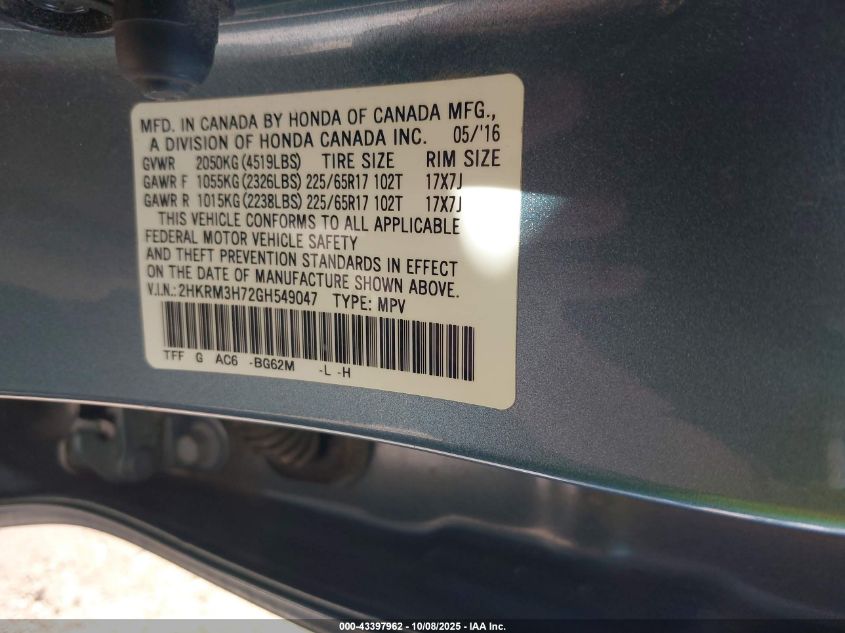 2016 Honda Cr-V Ex-L VIN: 2HKRM3H72GH549047 Lot: 43397962