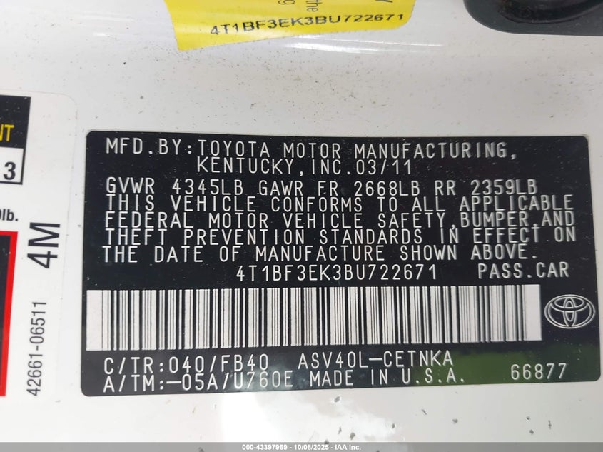 2011 Toyota Camry Le VIN: 4T1BF3EK3BU722671 Lot: 43397969