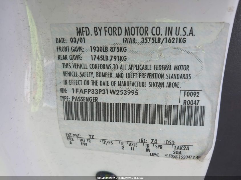 2001 Ford Focus Lx VIN: 1FAFP33P31W253995 Lot: 43397982