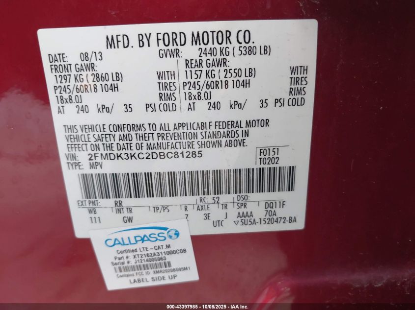2013 Ford Edge Limited VIN: 2FMDK3KC2DBC81285 Lot: 43397985