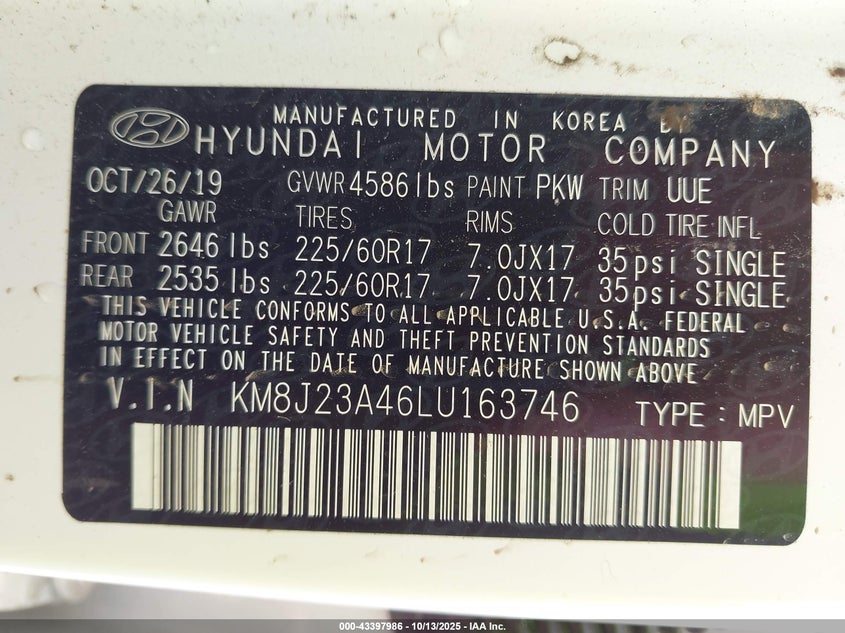 VIN KM8J23A46LU163746 2020 HYUNDAI TUCSON SE