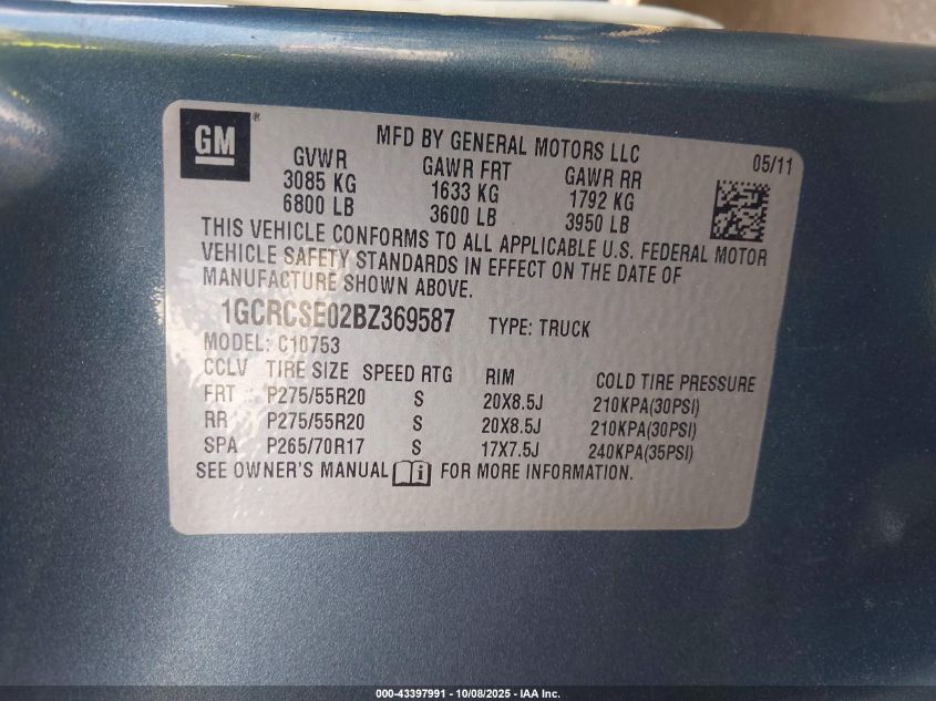 2011 Chevrolet Silverado 1500 Lt VIN: 1GCRCSE02BZ369587 Lot: 43397991