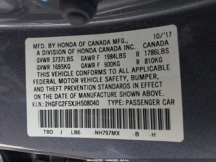 2018 Honda Civic Lx VIN: 2HGFC2F5XJH508040 Lot: 43397992