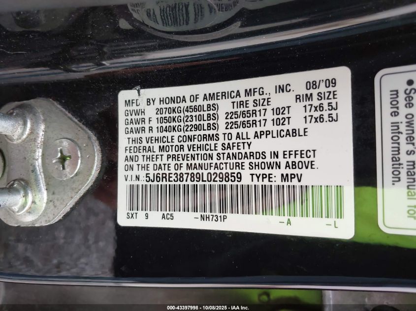 2009 Honda Cr-V Ex-L VIN: 5J6RE38789L029859 Lot: 43397998