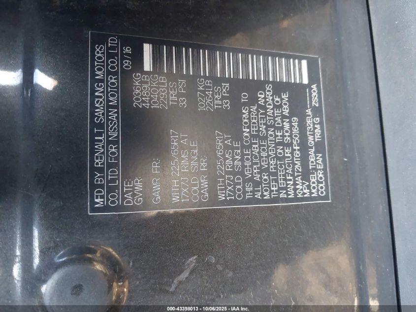 2017 Nissan Rogue Sv VIN: KNMAT2MT6HP501649 Lot: 43398013