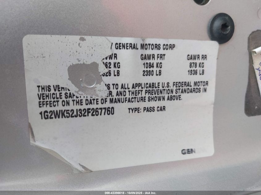 2002 Pontiac Grand Prix Se VIN: 1G2WK52J32F267760 Lot: 43398018