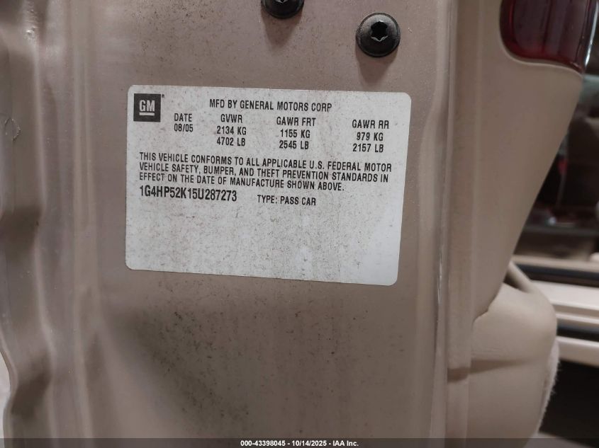 2005 Buick Lesabre Custom VIN: 1G4HP52K15U287273 Lot: 43398045
