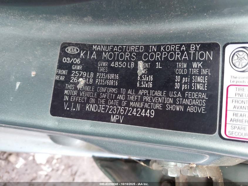 2006 Kia Sportage Ex V6/Lx V6 VIN: KNDJE723767242449 Lot: 43398048