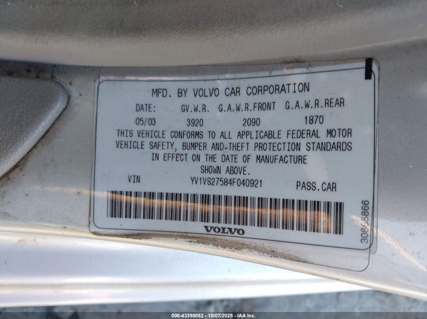 2004 Volvo S40 A/Lse VIN: YV1VS27584F040921 Lot: 43398052