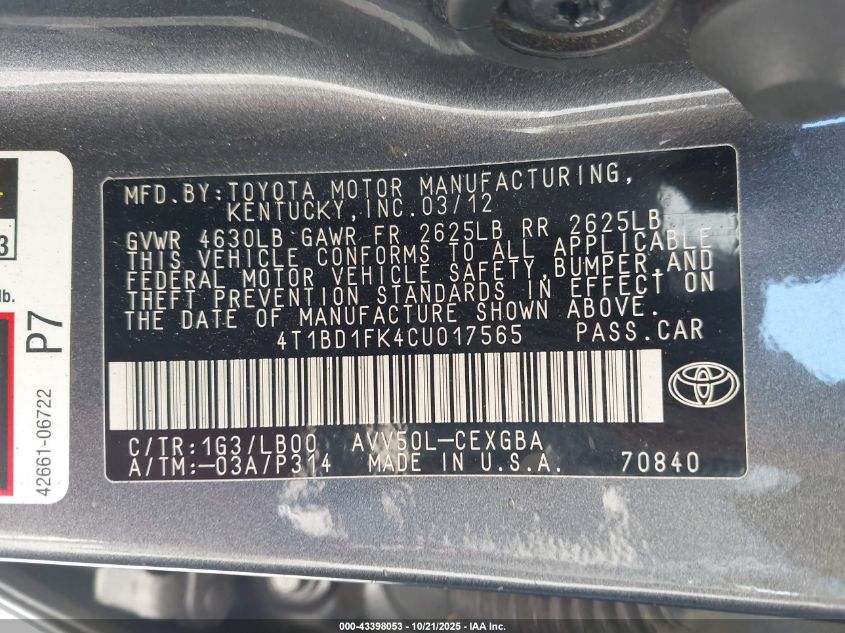 2012 Toyota Camry Hybrid Xle VIN: 4T1BD1FK4CU017565 Lot: 43398053