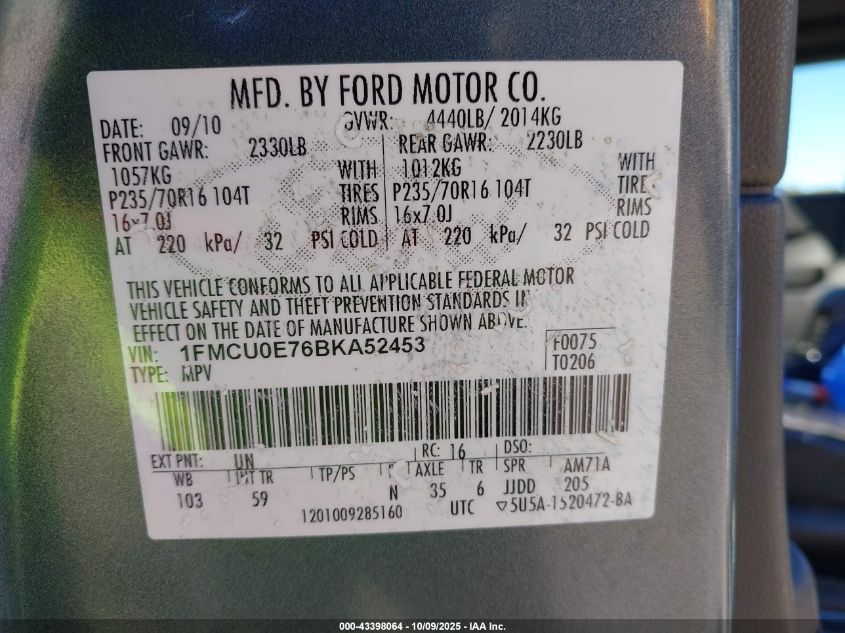 2011 Ford Escape Limited VIN: 1FMCU0E76BKA52453 Lot: 43398064