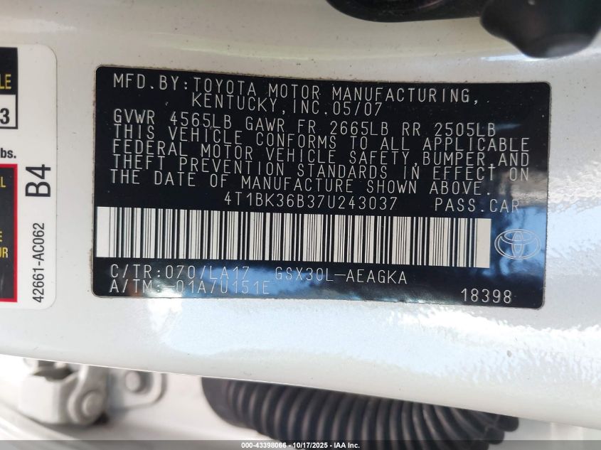 2007 Toyota Avalon Xls VIN: 4T1BK36B37U243037 Lot: 43398066