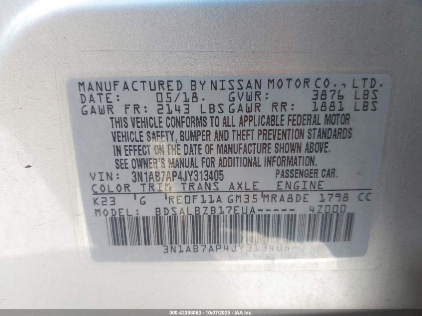 2018 Nissan Sentra S VIN: 3N1AB7AP4JY313405 Lot: 43398083