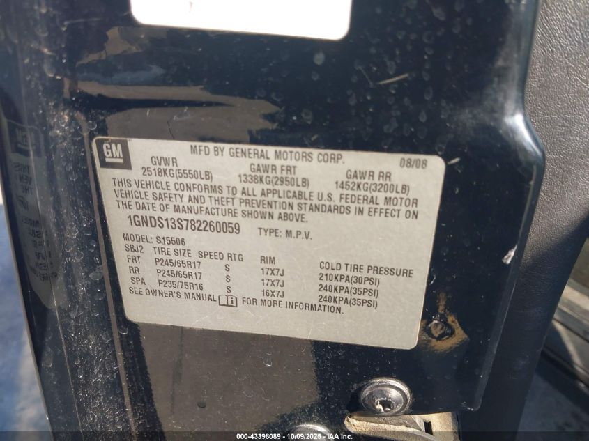 2008 Chevrolet Trailblazer Lt VIN: 1GNDS13S782260059 Lot: 43398089
