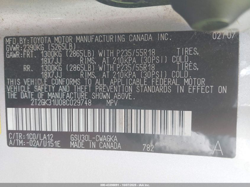 2008 Lexus Rx 350 VIN: 2T2GK31U08C029748 Lot: 43398091