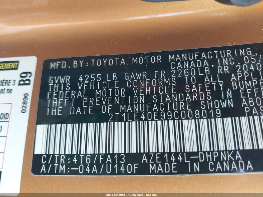 2009 Toyota Matrix S VIN: 2T1LE40E99C008019 Lot: 43398094