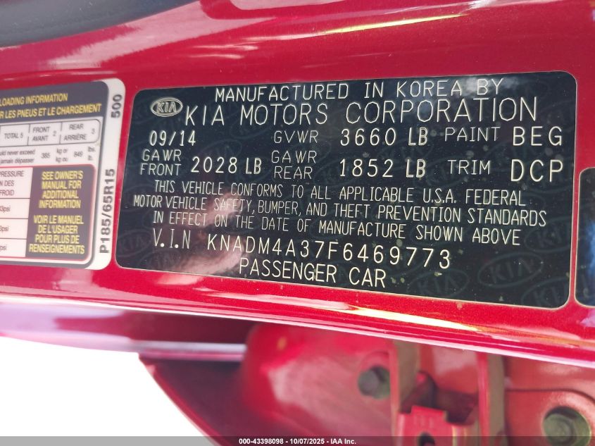 2015 Kia Rio Lx VIN: KNADM4A37F6469773 Lot: 43398098