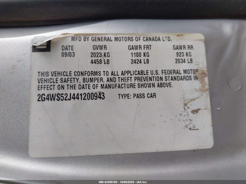 2004 Buick Century VIN: 2G4WS52J441200943 Lot: 43398100