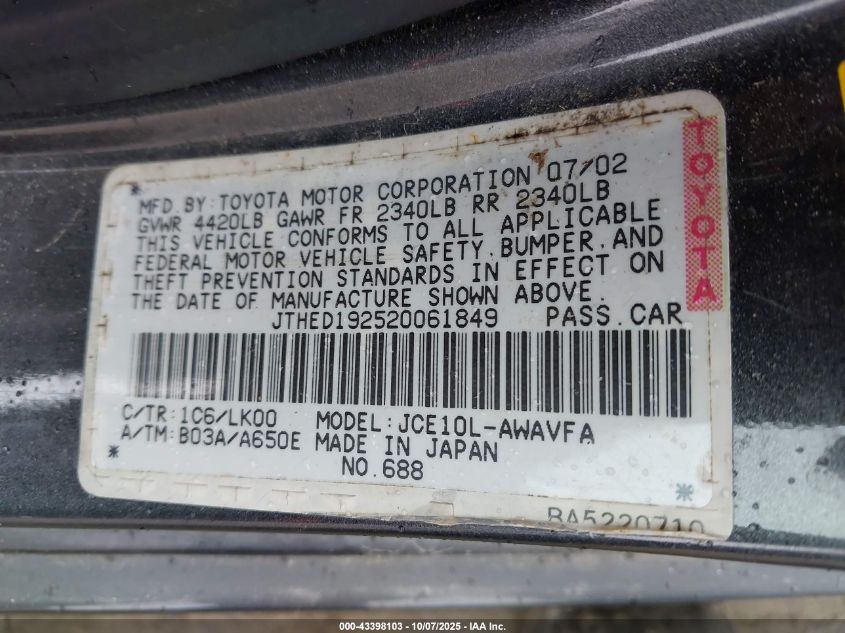 2002 Lexus Is 300 Sport Cross VIN: JTHED192520061849 Lot: 43398103