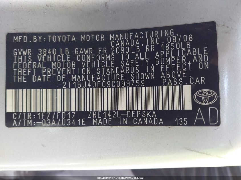 2009 Toyota Corolla S VIN: 2T1BU40E09C099759 Lot: 43398107