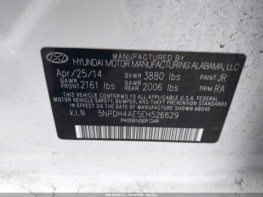 2014 Hyundai Elantra Se VIN: 5NPDH4AE5EH526629 Lot: 43398113