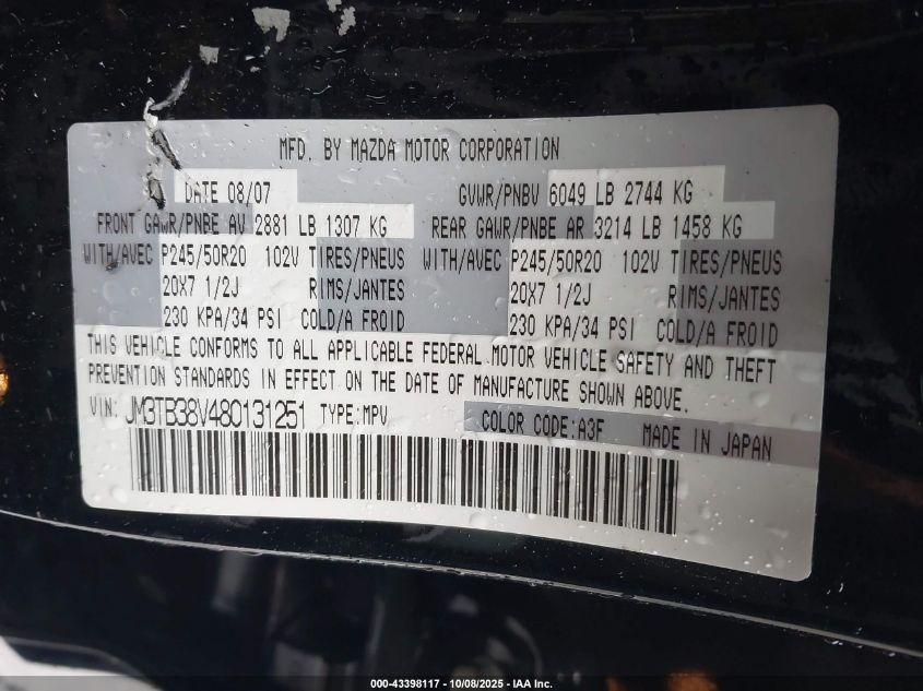 2008 Mazda Cx-9 Grand Touring VIN: JM3TB38V480131251 Lot: 43398117