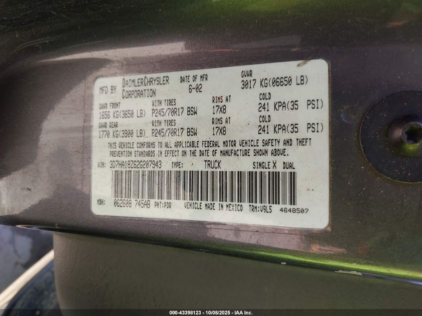 2002 Dodge Ram 1500 St VIN: 3D7HA18Z62G207943 Lot: 43398123