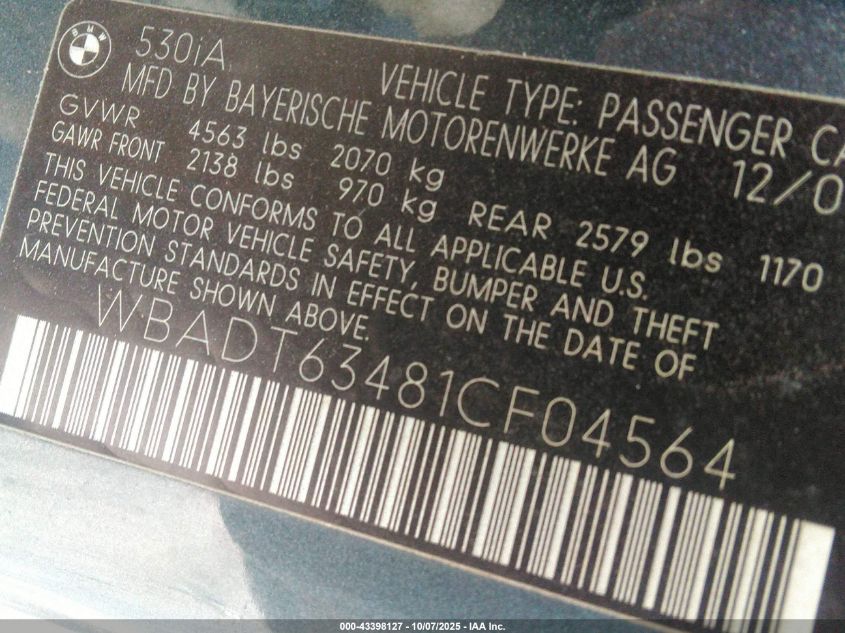 2001 BMW 530Ia VIN: WBADT63481CF04564 Lot: 43398127