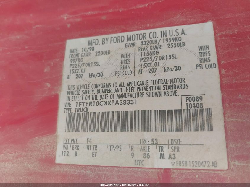 1999 Ford Ranger Xl/Xlt VIN: 1FTYR10CXXPA38331 Lot: 43398138
