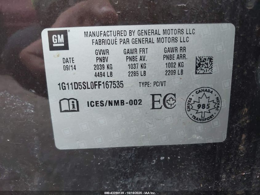 2015 Chevrolet Malibu 2Lt VIN: 1G11D5SL0FF167535 Lot: 43398139