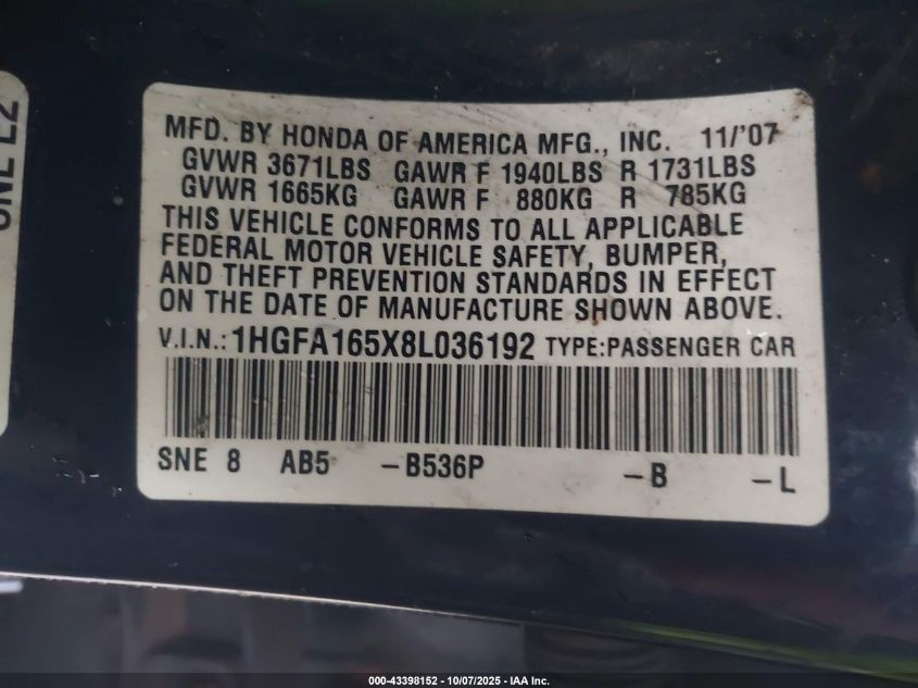 2008 Honda Civic Lx VIN: 1HGFA165X8L036192 Lot: 43398152