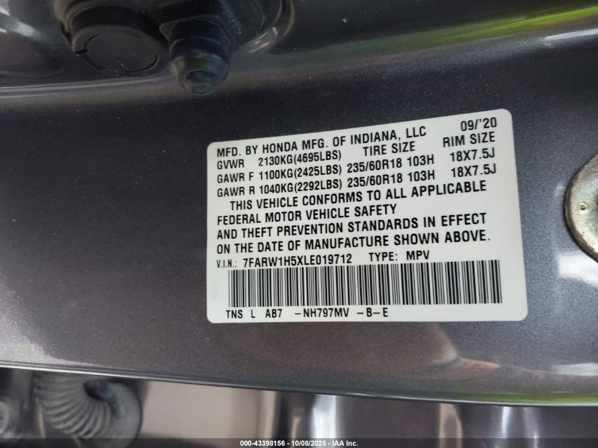 2020 Honda Cr-V 2Wd Ex VIN: 7FARW1H5XLE019712 Lot: 43398156