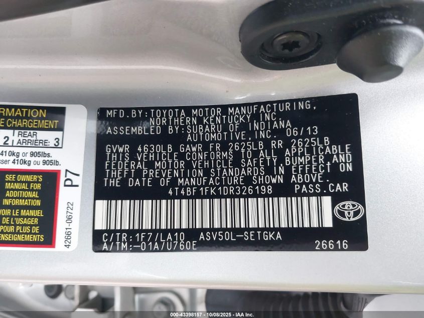 2013 Toyota Camry Xle VIN: 4T4BF1FK1DR326198 Lot: 43398157