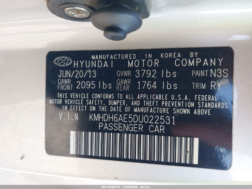 2013 Hyundai Elantra Gs VIN: KMHDH6AE5DU022531 Lot: 43398176
