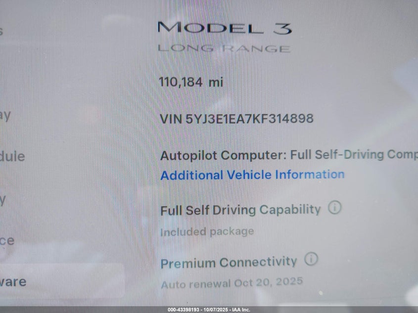 2019 Tesla Model 3 Long Range/Mid Range/Standard Range/Standard Range Plus VIN: 5YJ3E1EA7KF314898 Lot: 43398193