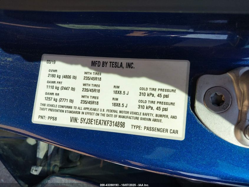 2019 Tesla Model 3 Long Range/Mid Range/Standard Range/Standard Range Plus VIN: 5YJ3E1EA7KF314898 Lot: 43398193