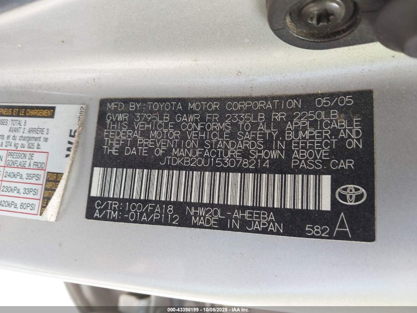 2005 Toyota Prius VIN: JTDKB20U153078214 Lot: 43398199