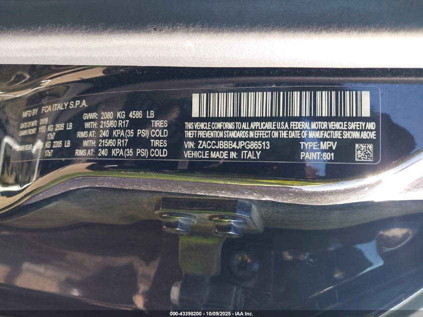 2018 Jeep Renegade Latitude 4X4 VIN: ZACCJBBB4JPG86513 Lot: 43398200