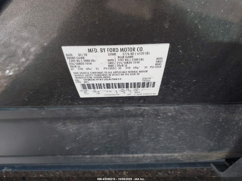 2018 Ford Explorer Limited VIN: 1FM5K7F87JGA70833 Lot: 43398215