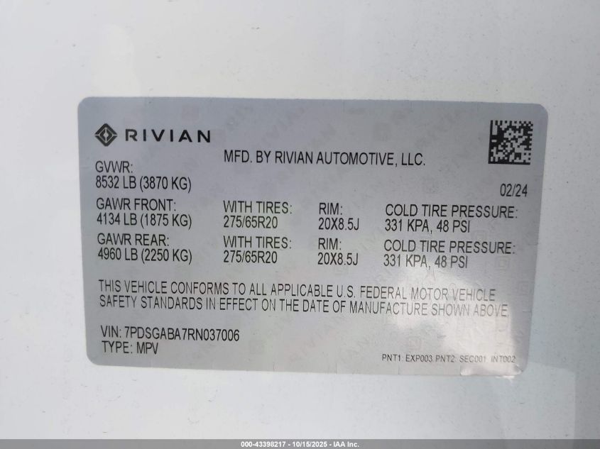 2024 Rivian R1S Adventure Quad Motor Large Pack VIN: 7PDSGABA7RN037006 Lot: 43398217