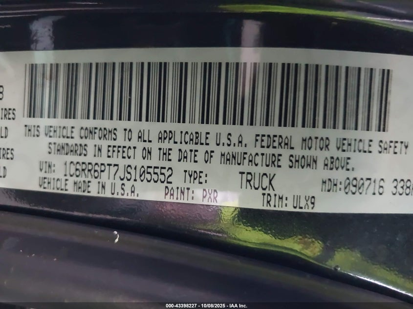 2018 Ram 1500 Limited 4X2 5'7 Box VIN: 1C6RR6PT7JS105552 Lot: 43398227