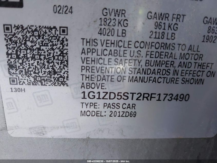 2024 Chevrolet Malibu Fwd 1Lt VIN: 1G1ZD5ST2RF173490 Lot: 43398230