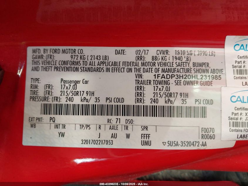 2017 Ford Focus Sel VIN: 1FADP3H20HL231985 Lot: 43398235