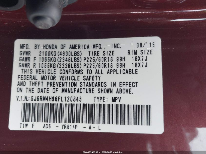 2015 Honda Cr-V Touring VIN: 5J6RM4H96FL120845 Lot: 43398236