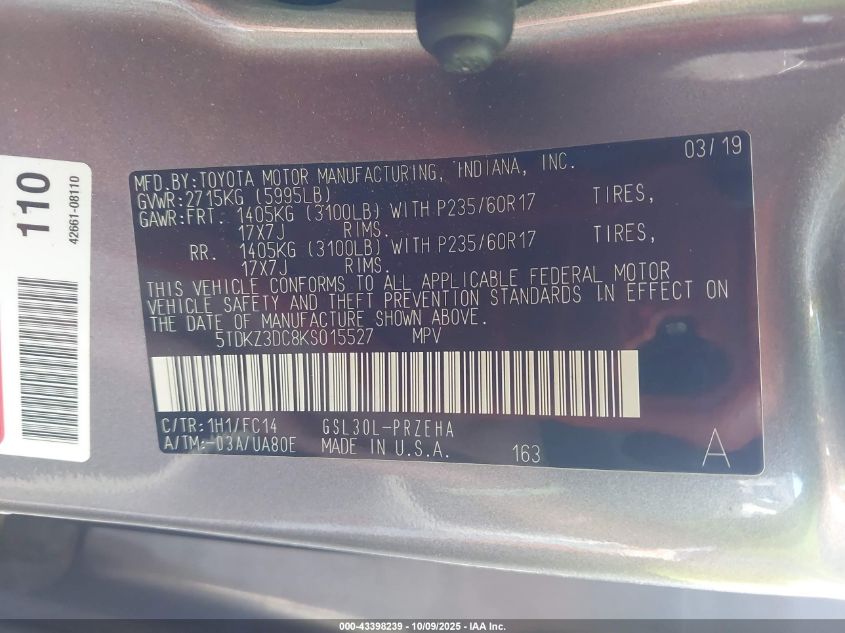 2019 Toyota Sienna Le 8 Passenger VIN: 5TDKZ3DC8KS015527 Lot: 43398239