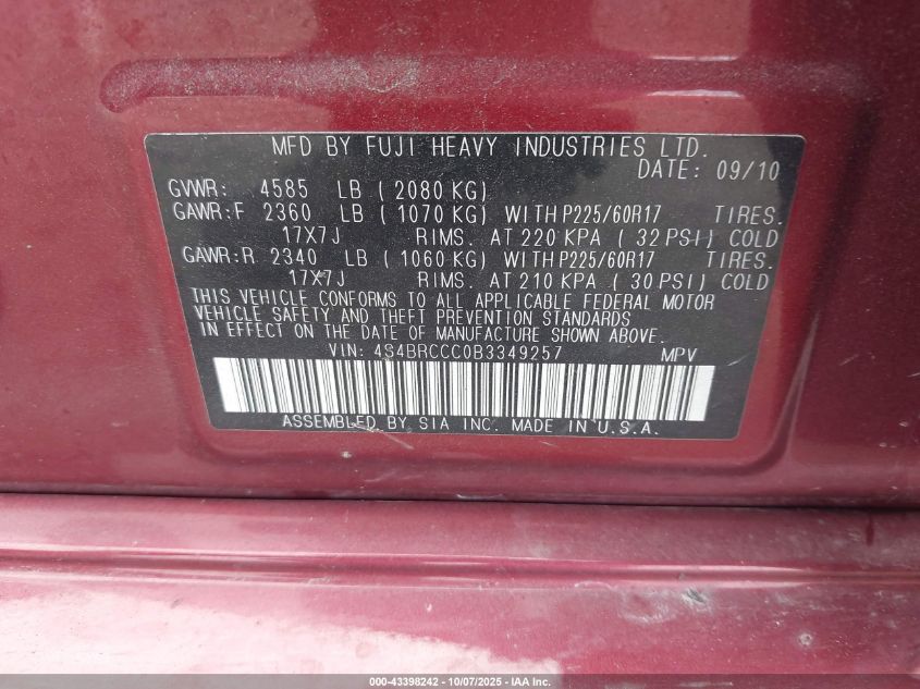 2011 Subaru Outback 2.5I Premium VIN: 4S4BRCCC0B3349257 Lot: 43398242