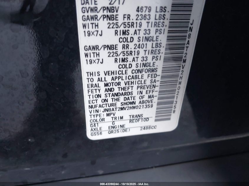 2017 Nissan Rogue Sl VIN: JN8AT2MV2HW021359 Lot: 43398244